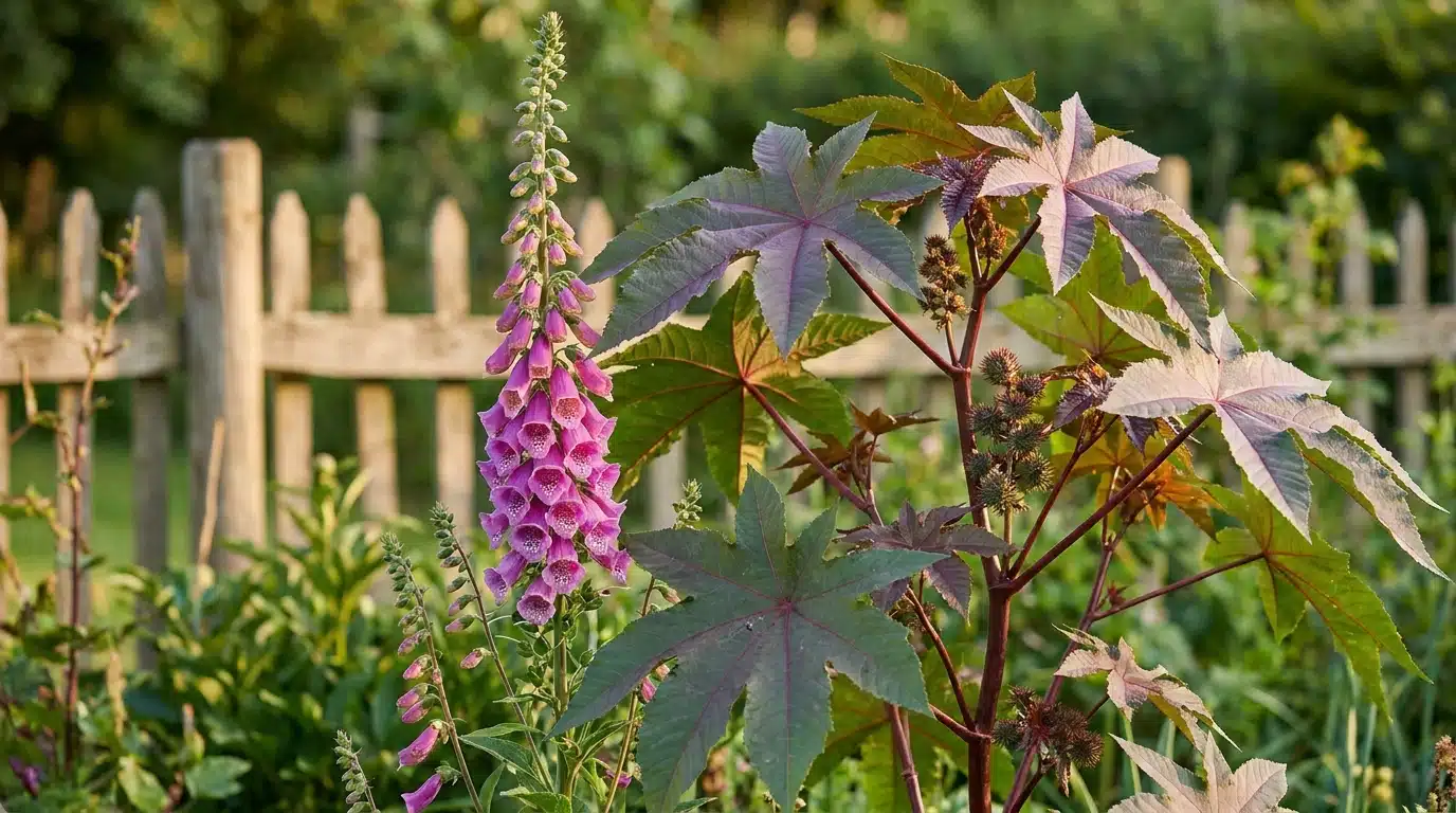 Digitale et ricin en fleur dans un jardin ensoleillé