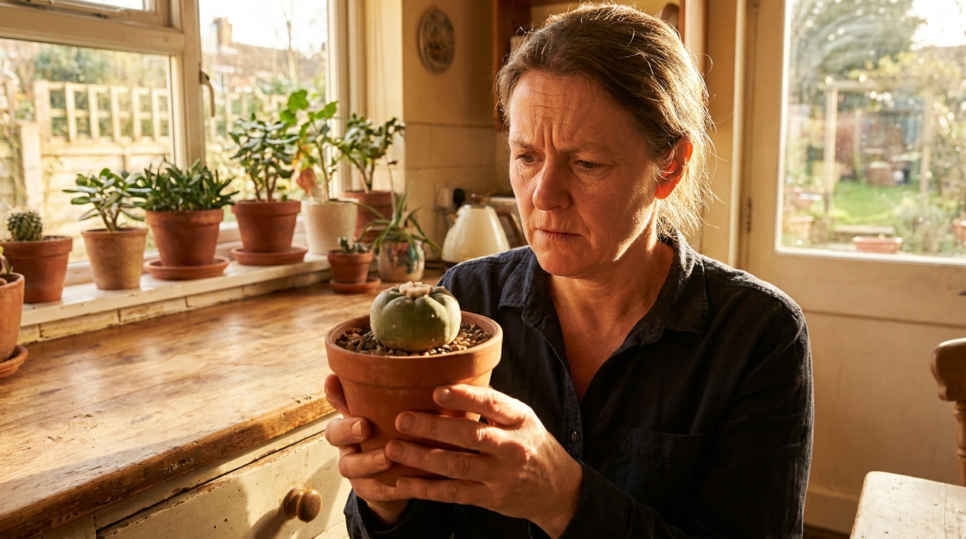 Personne inquiète examinant un petit cactus en pot