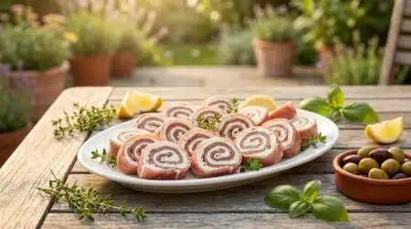 Plateau de roulés de jambon cru au fromage frais sur table d'été