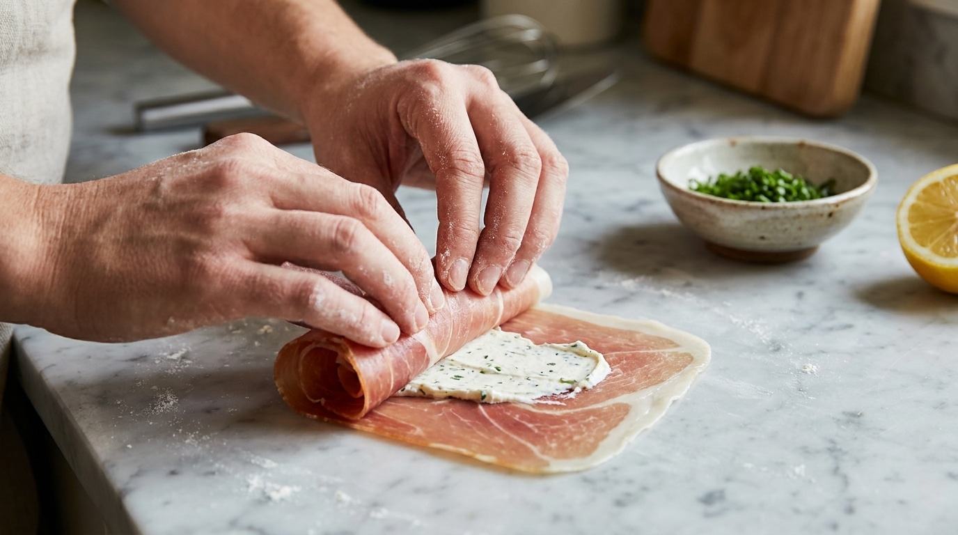 Mains roulant une tranche de jambon cru autour de fromage aux herbes