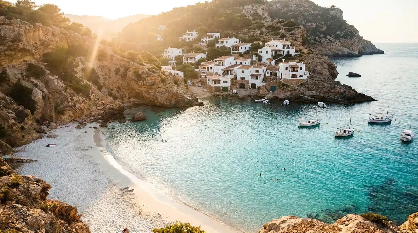 Crique turquoise d'Ibiza avec village blanc en arrière-plan