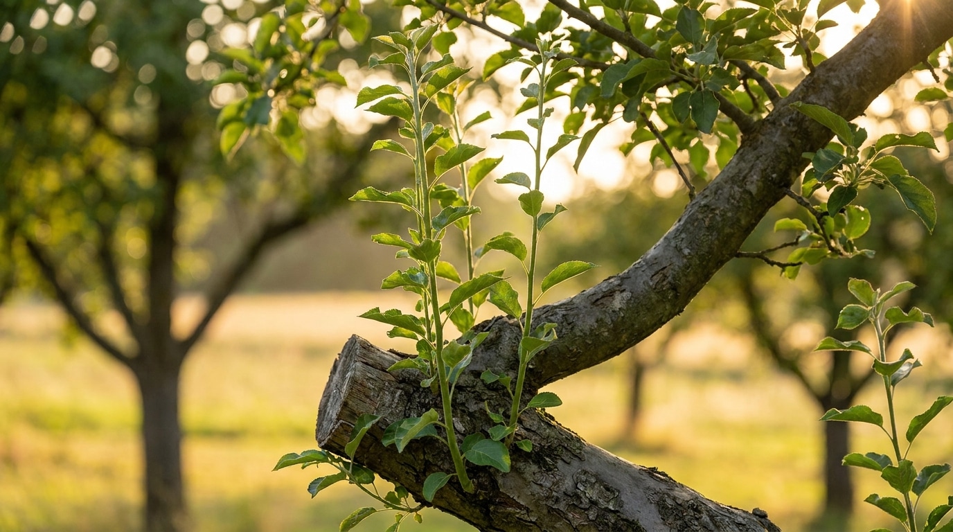 Gourmands verticaux poussant sur une branche de pommier