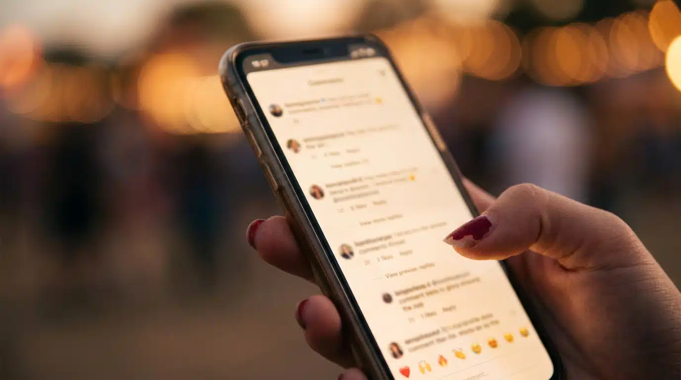 Main tenant un smartphone affichant des commentaires sur les réseaux sociaux