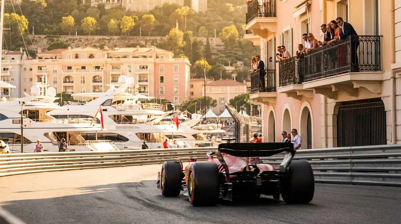 Monoplace rouge sur le circuit urbain de Monaco avec yachts en arrière-plan