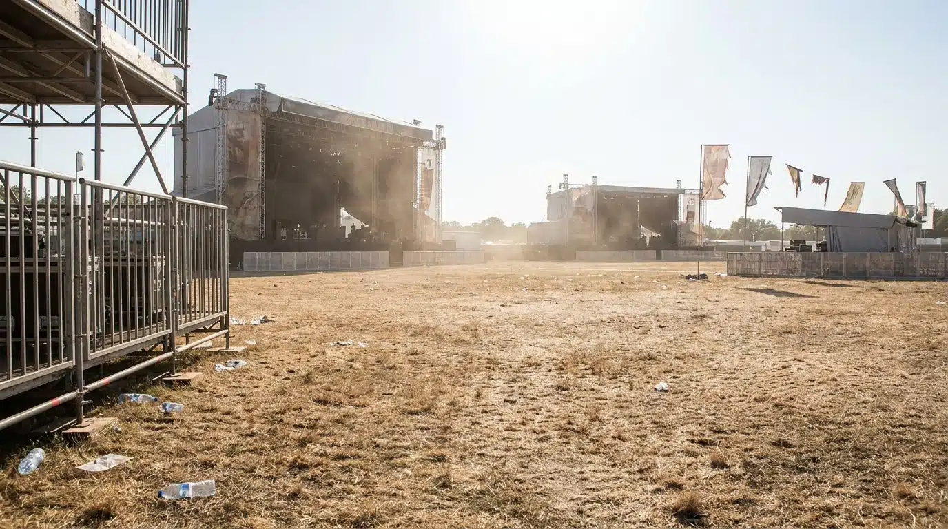 Site de festival extérieur désert sous un soleil de plomb lors d'une canicule