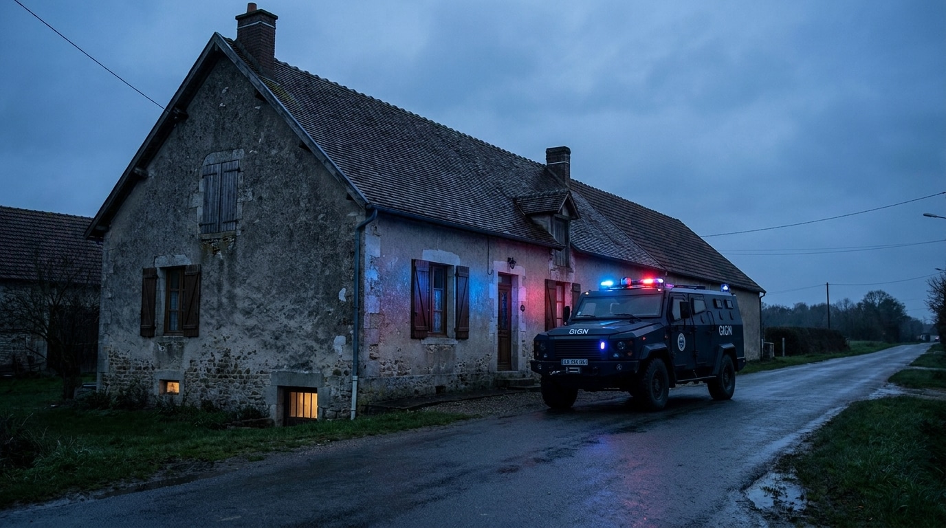 Véhicule du GIGN devant une maison de campagne au crépuscule