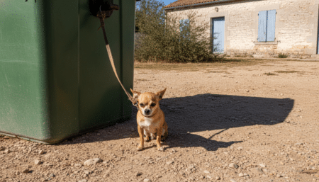 Chihuahua attaché à une benne à ordures devant un refuge SPA