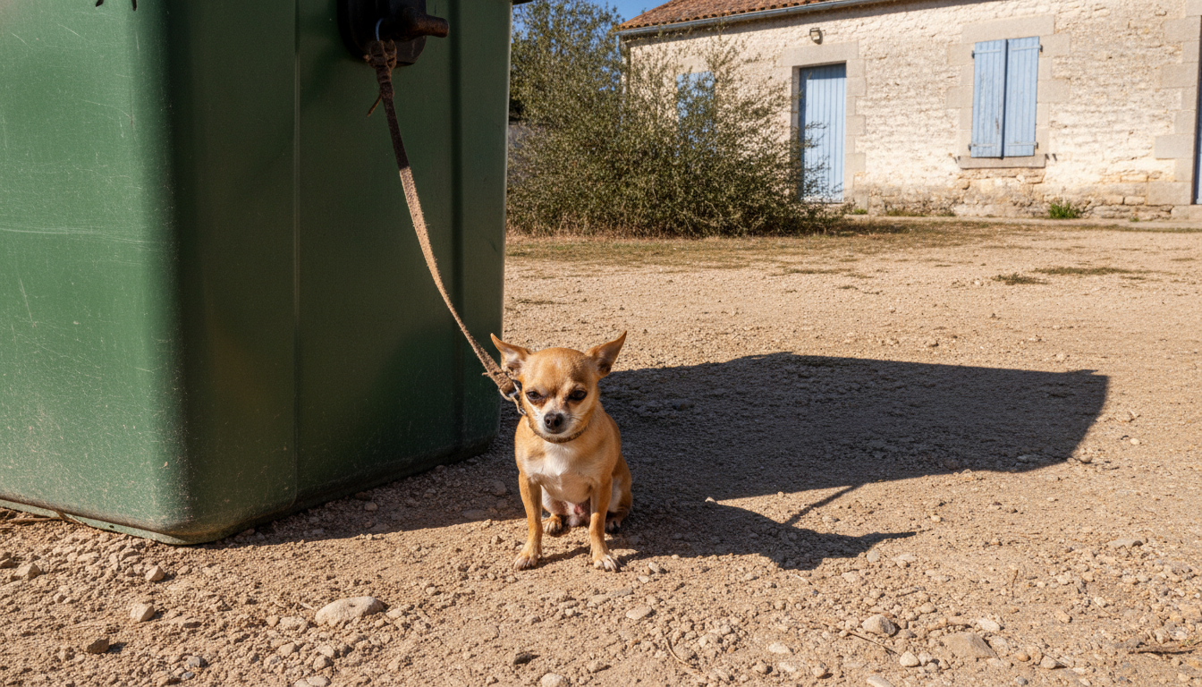 Chihuahua attaché à une benne à ordures devant un refuge SPA