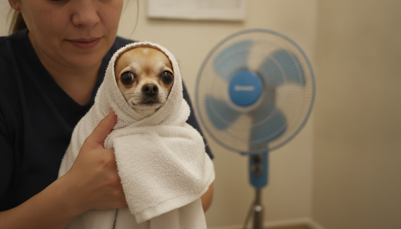 Bénévole enveloppant un chihuahua dans une serviette humide
