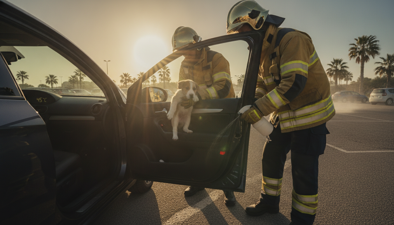 Pompiers secourant un chiot enfermé dans une voiture en pleine canicule