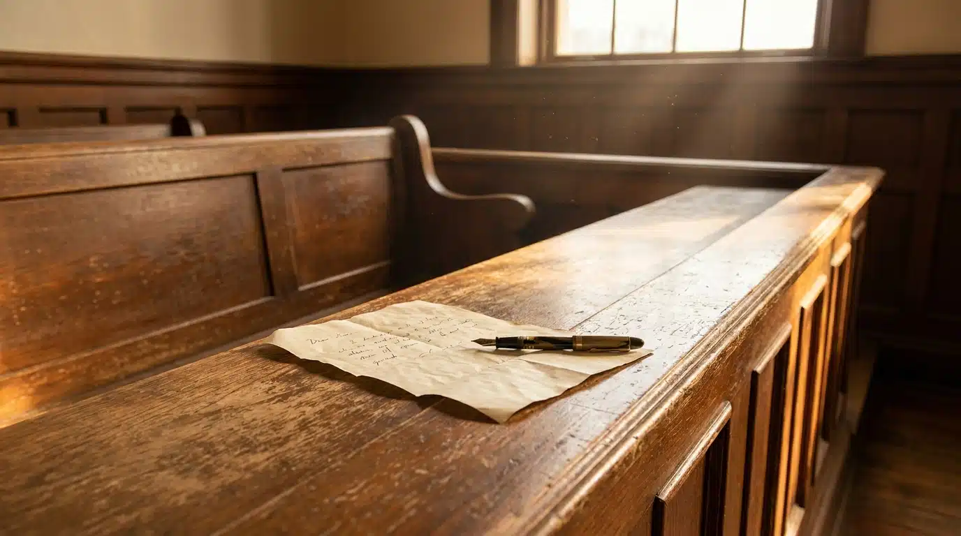 Banc de tribunal en bois avec une feuille et un stylo sous une lumière dramatique