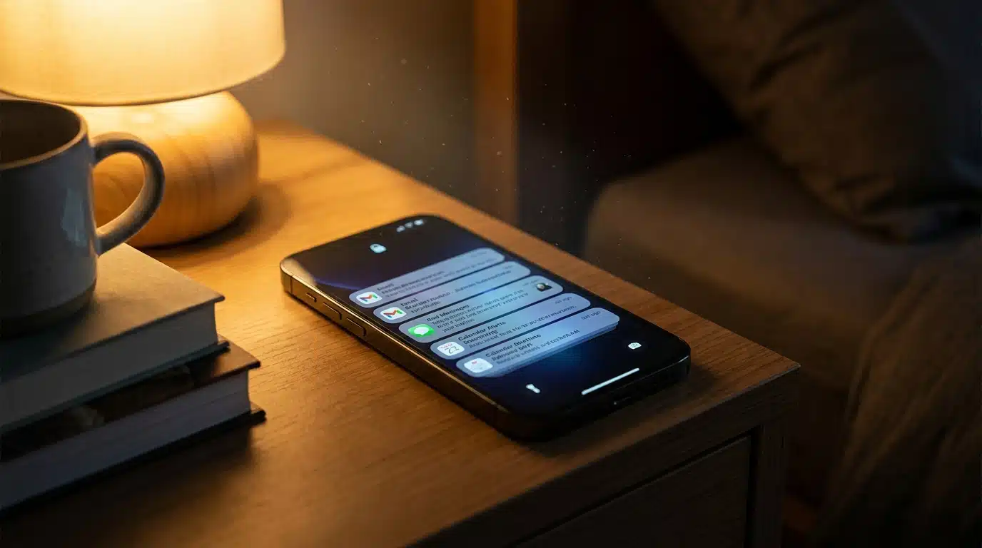 Téléphone allumé dans une pièce sombre avec des notifications visibles