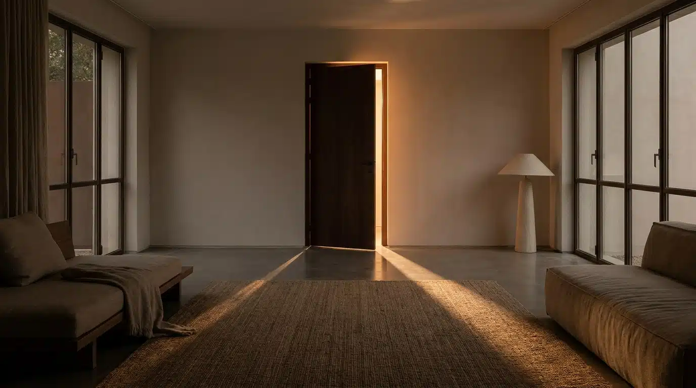 Porte entrouverte dans un salon, lumière dramatique symbolisant une rupture