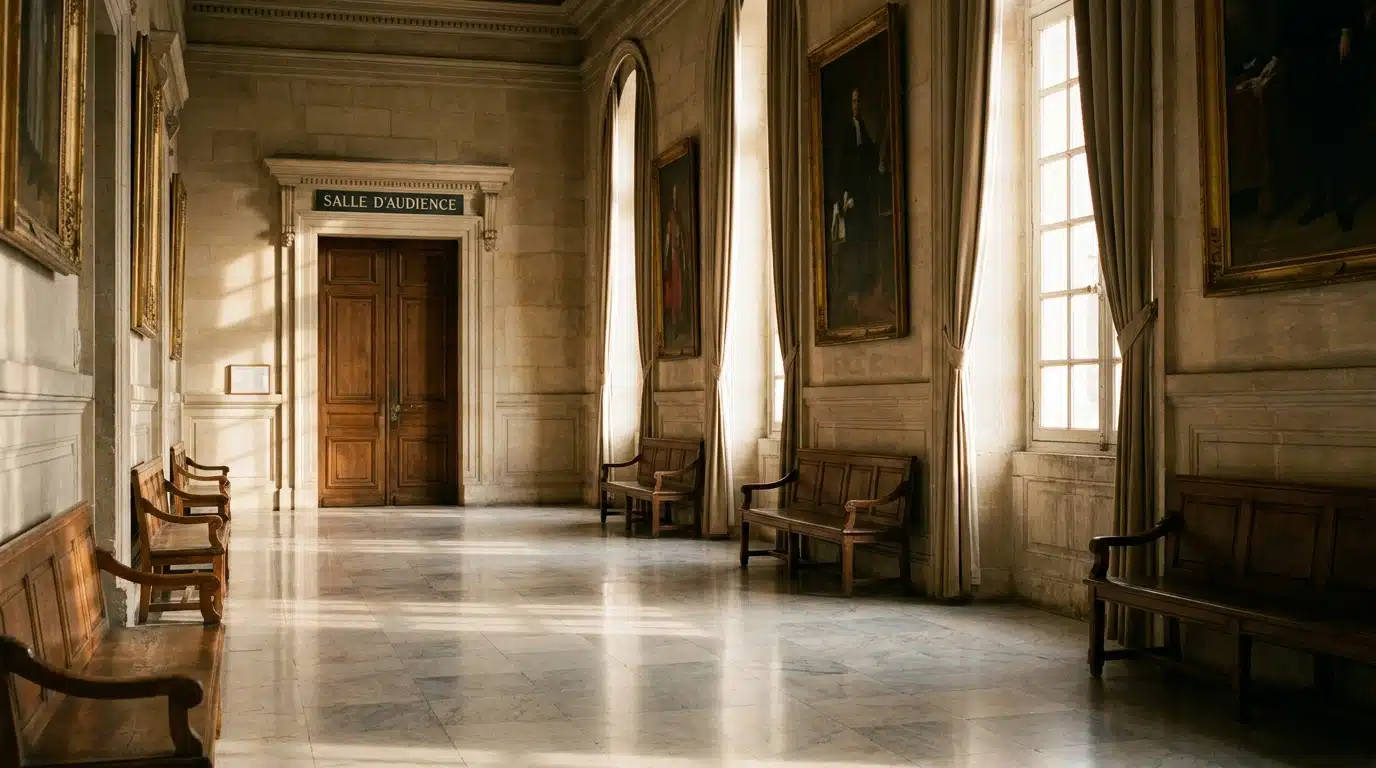 Couloir vide d'un palais de justice français éclairé par la lumière naturelle