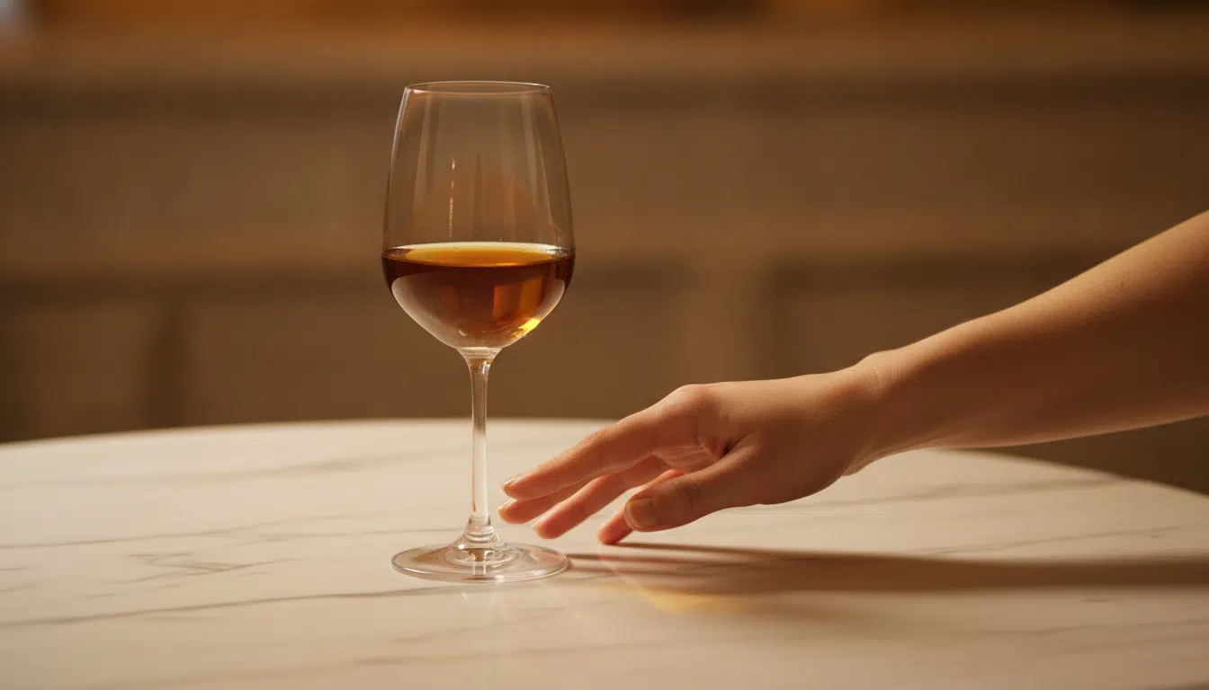 Verre de vin repoussé sur une table en marbre, symbolisant l'arrêt de l'alcool