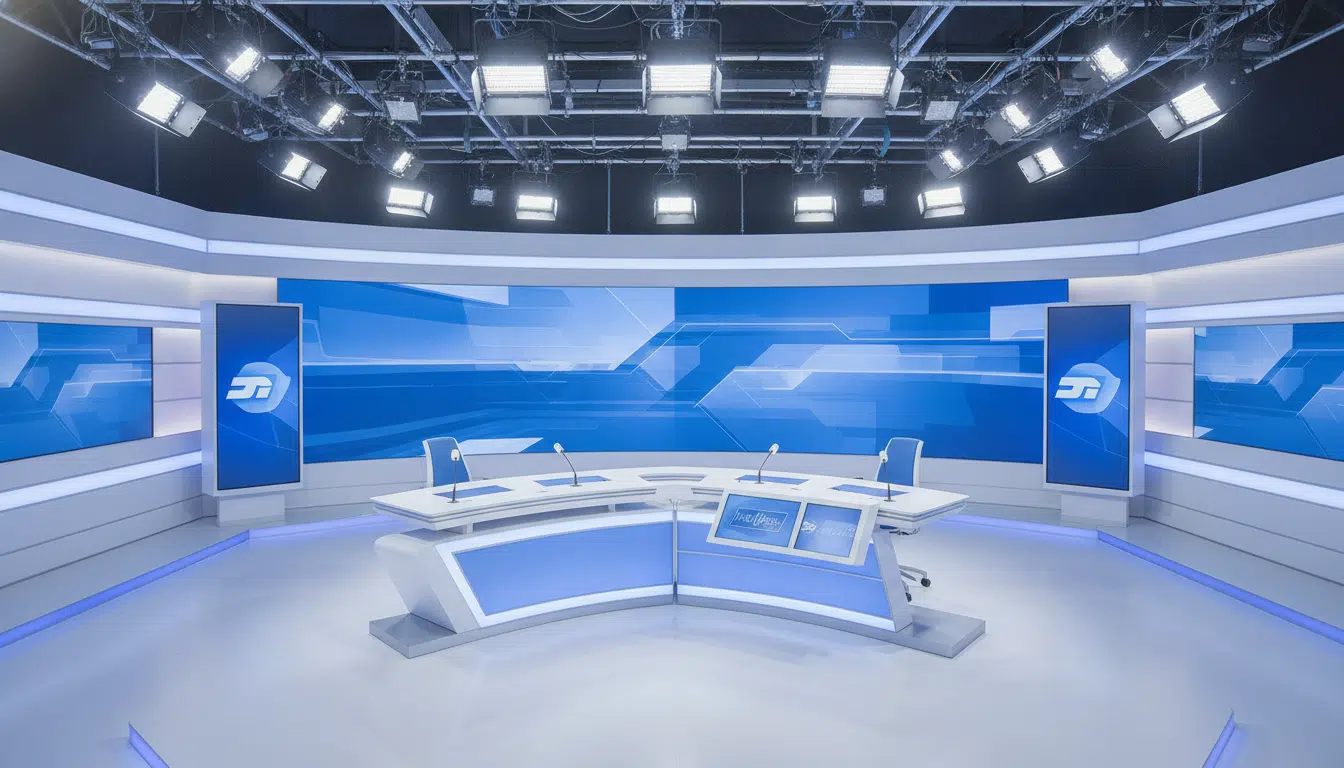 Plateau de télévision vide de BFMTV avec lumières de studio