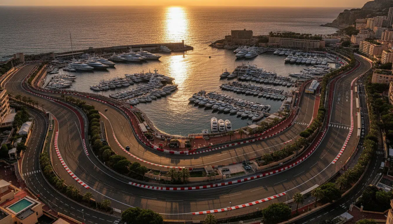 Vue aérienne du circuit de Monaco avec yachts de luxe dans le port au coucher du soleil