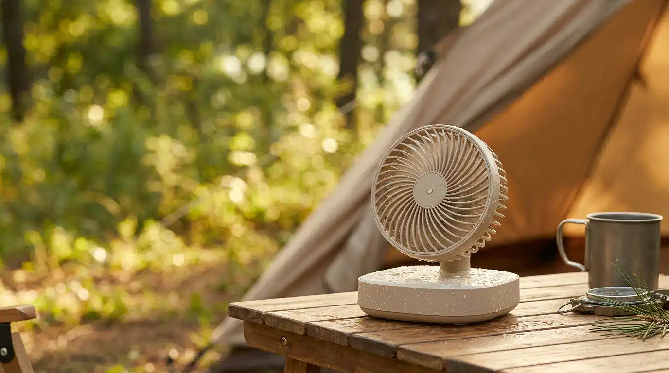 Ventilateur brumisateur posé sur une table de camping en été