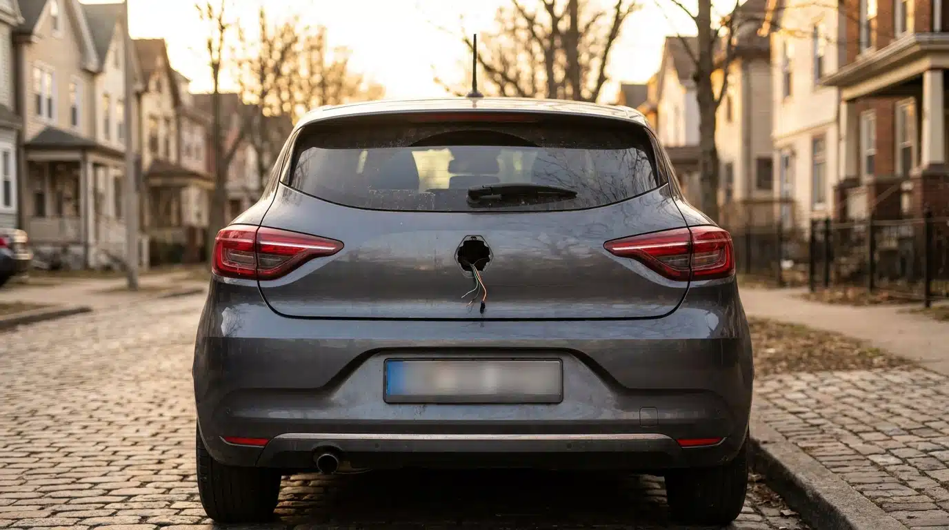 Arrière d'une Renault avec l'emplacement vide de la caméra