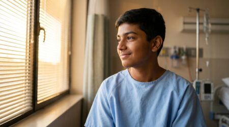 Adolescent assis sur un lit d'hôpital, regard soulagé