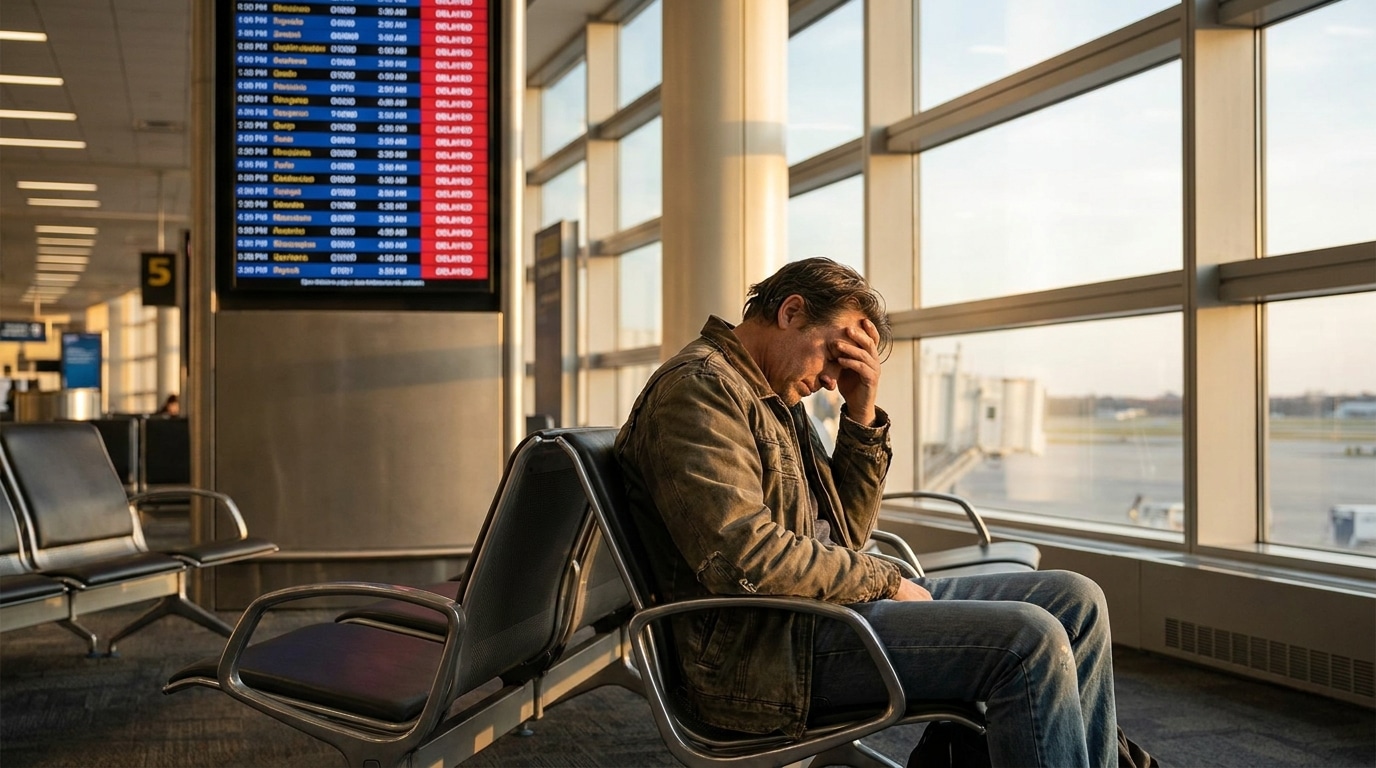 Voyageur fatigué attendant dans un terminal d'aéroport désert