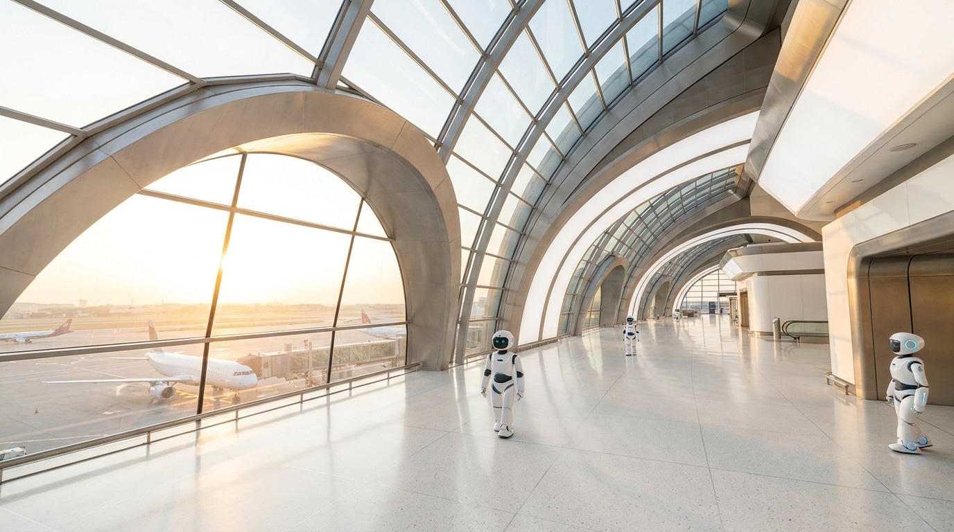Terminal futuriste d'aéroport avec robots et corridors vides