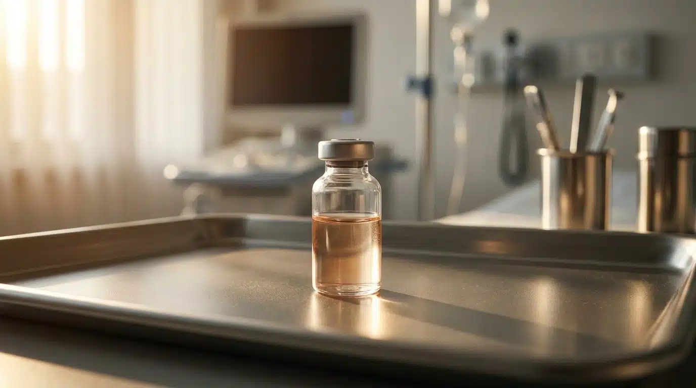Flacon de médicament posé sur un plateau médical