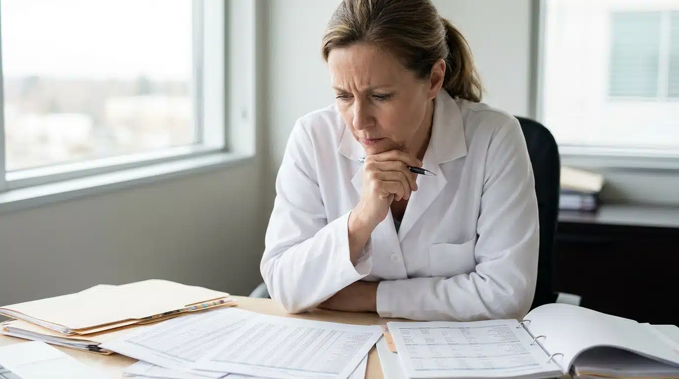 Femme en blouse blanche examinant des documents financiers