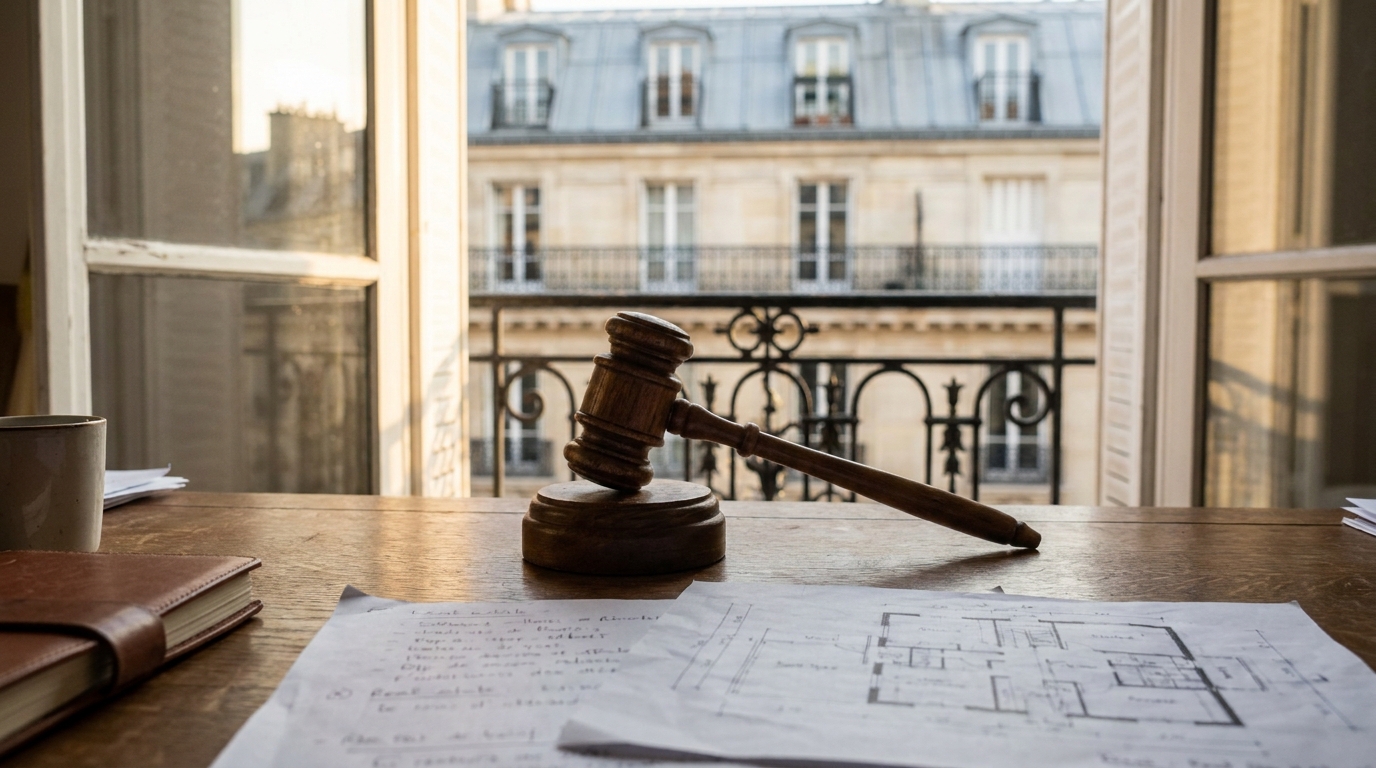 Marteau d'enchères posé sur des documents immobiliers