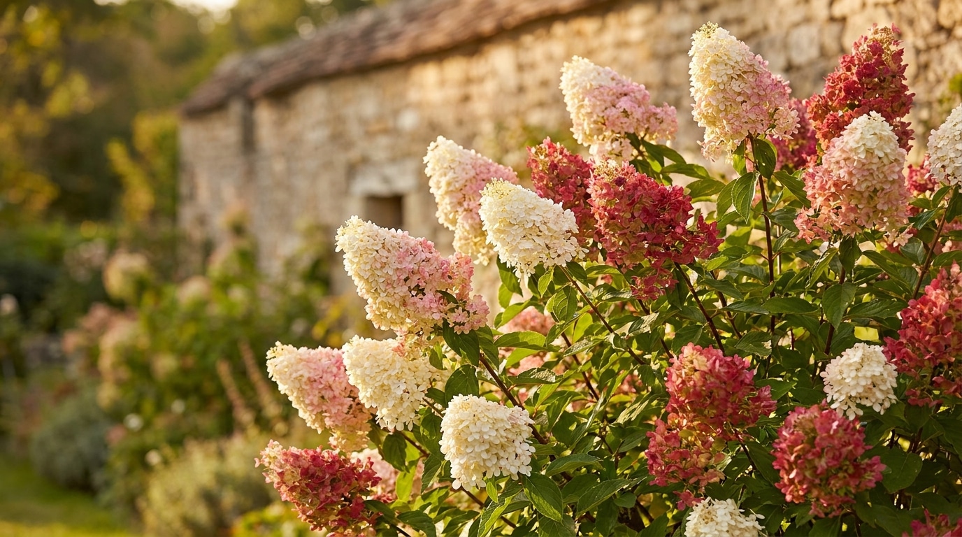 Hydrangea paniculata Vanille Fraise en fleurs dans un jardin ensoleillé