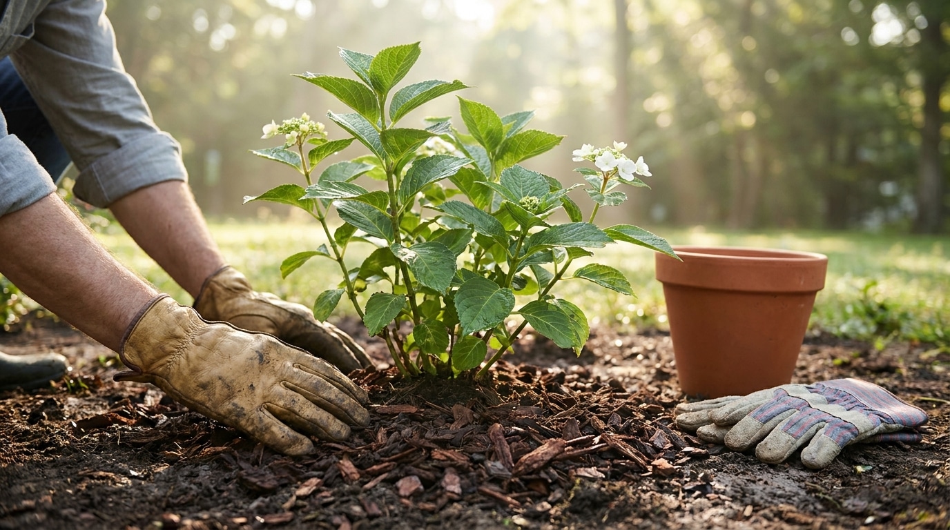 Paillage d'écorces au pied d'un hortensia paniculata fraîchement planté