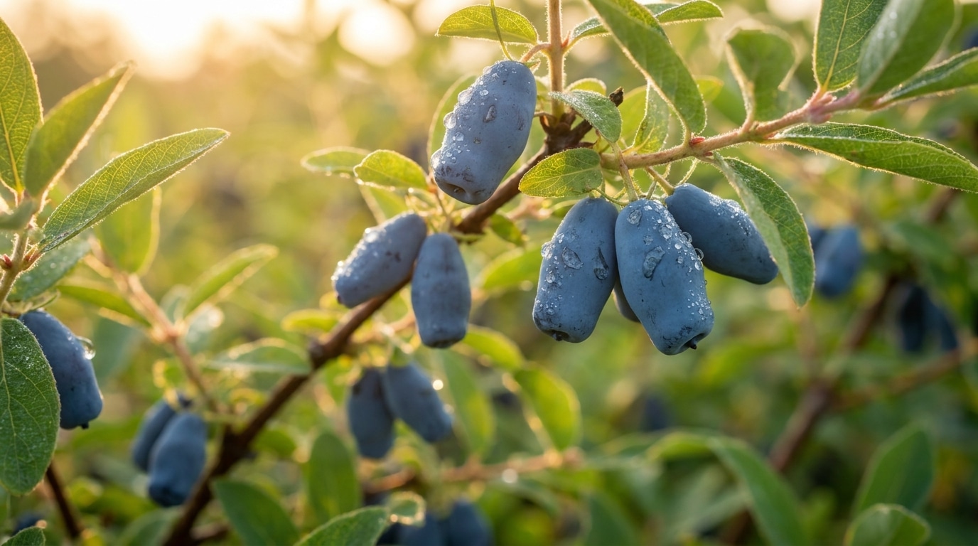 Baies bleues mûres de camerisier sur une branche au soleil