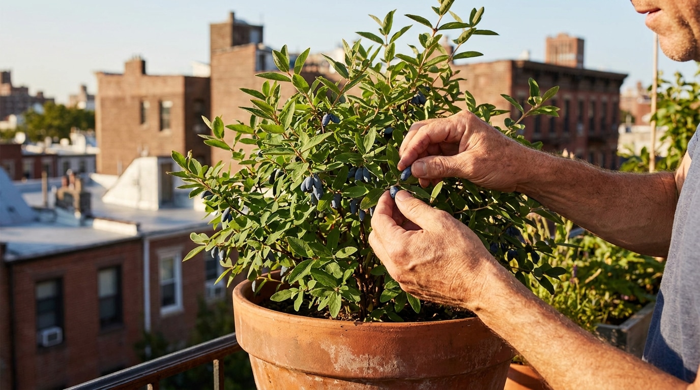 Mains cueillant des baies de mai dans un pot sur un balcon