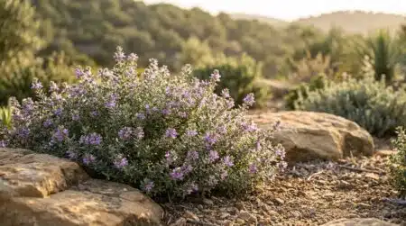 Arbuste de romarin d'Australie en fleurs mauves dans un jardin sec