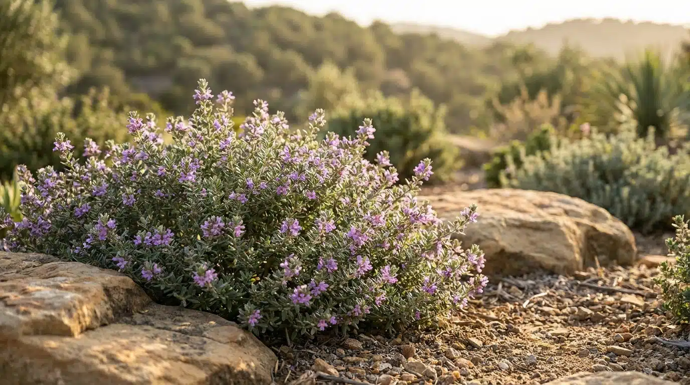 Arbuste de romarin d'Australie en fleurs mauves dans un jardin sec