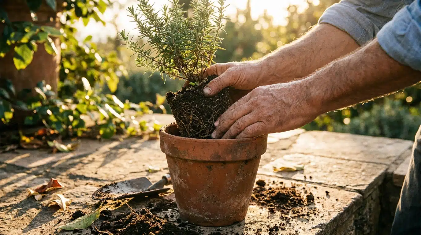 Mains rempotant un romarin d'Australie dans un pot en terre cuite