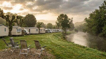 Mobil-homes alignés en bord de rivière dans un camping