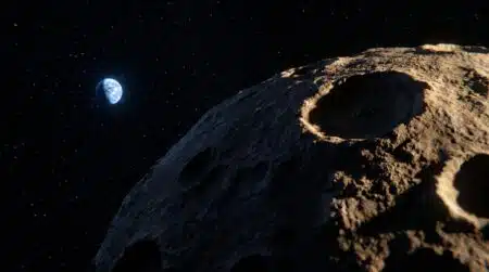 Astéroïde rocheux massif dans l'espace avec la Terre en arrière-plan