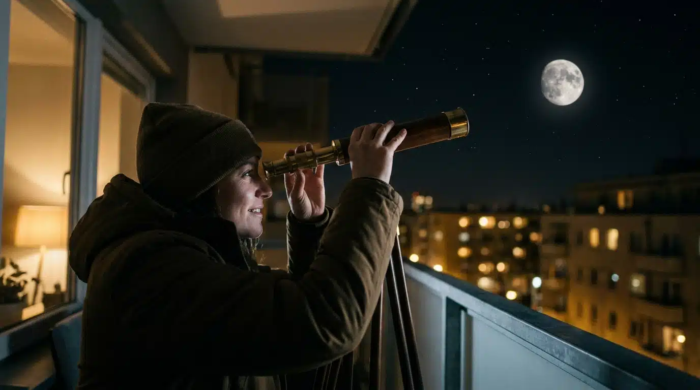 Personne observant le ciel nocturne avec un télescope sur un balcon
