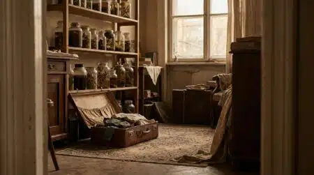 Intérieur sombre d'un appartement avec bocaux et valise ouverte