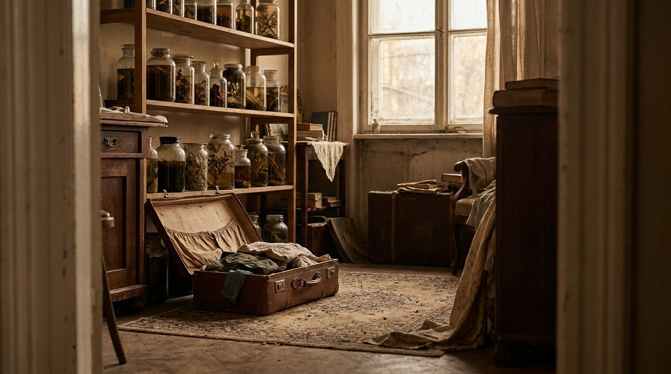 Intérieur sombre d'un appartement avec bocaux et valise ouverte