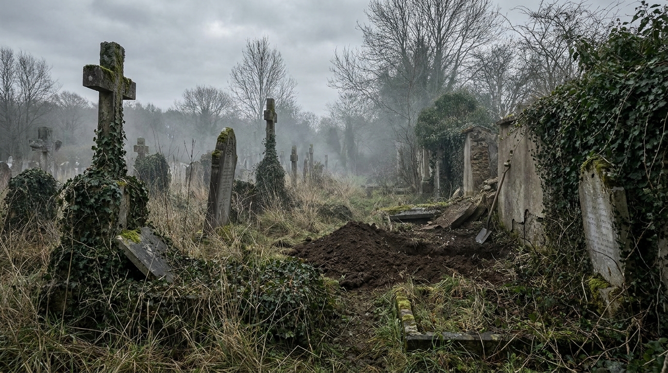 Cimetière européen abandonné avec une tombe perturbée