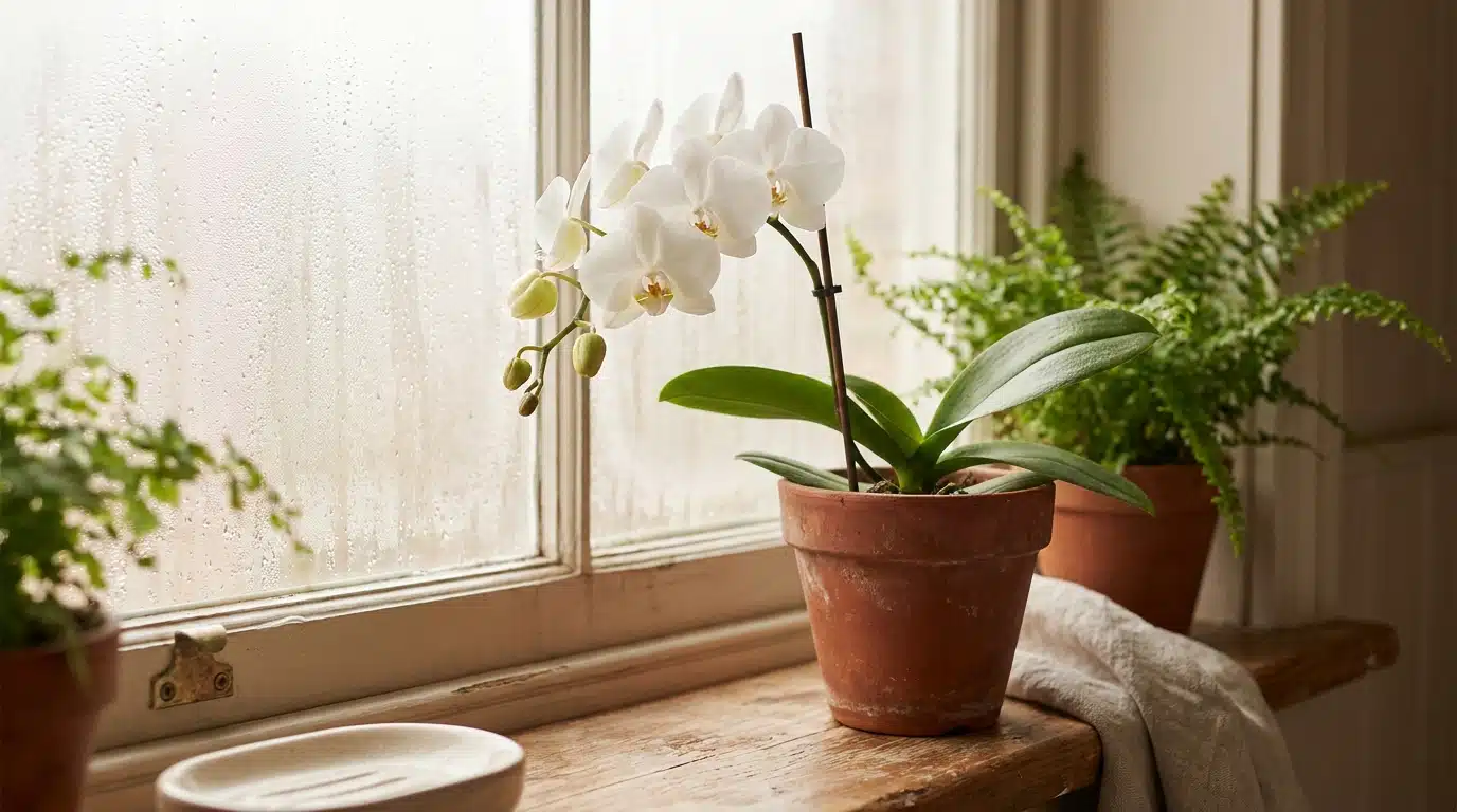 Orchidée blanche en pot sur le rebord d'une fenêtre de salle de bains