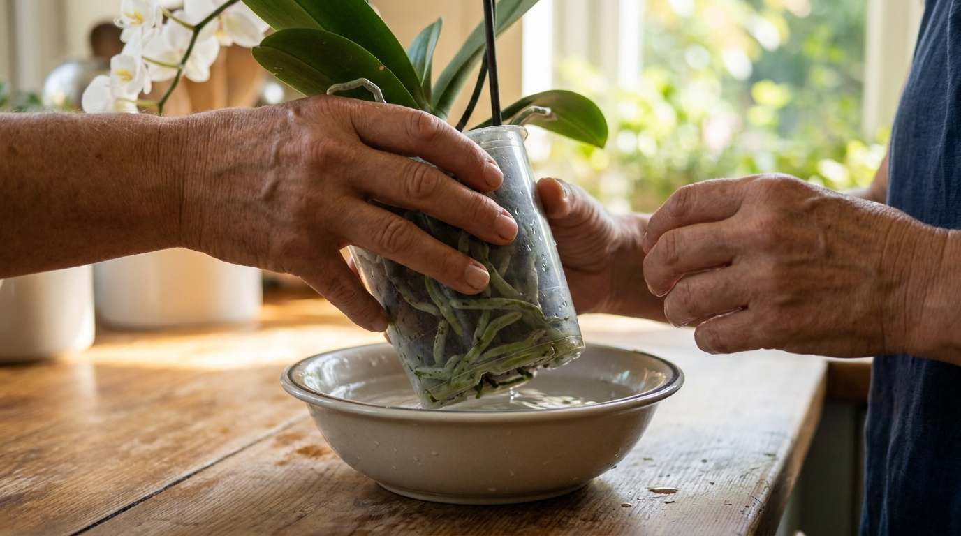 Mains plongeant un pot d'orchidée dans un récipient d'eau