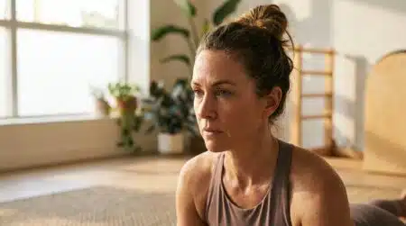 Visage concentré d'une femme sur un tapis de Pilates