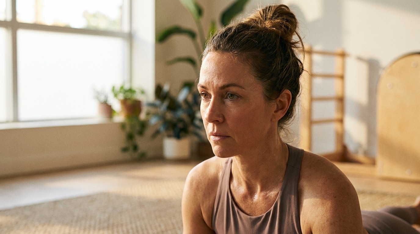 Visage concentré d'une femme sur un tapis de Pilates