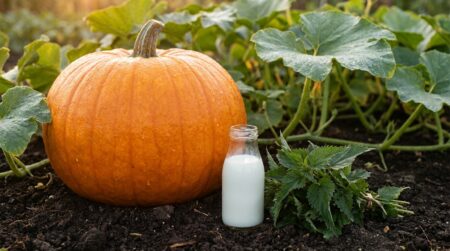 Potiron géant posé sur terre avec lait et orties