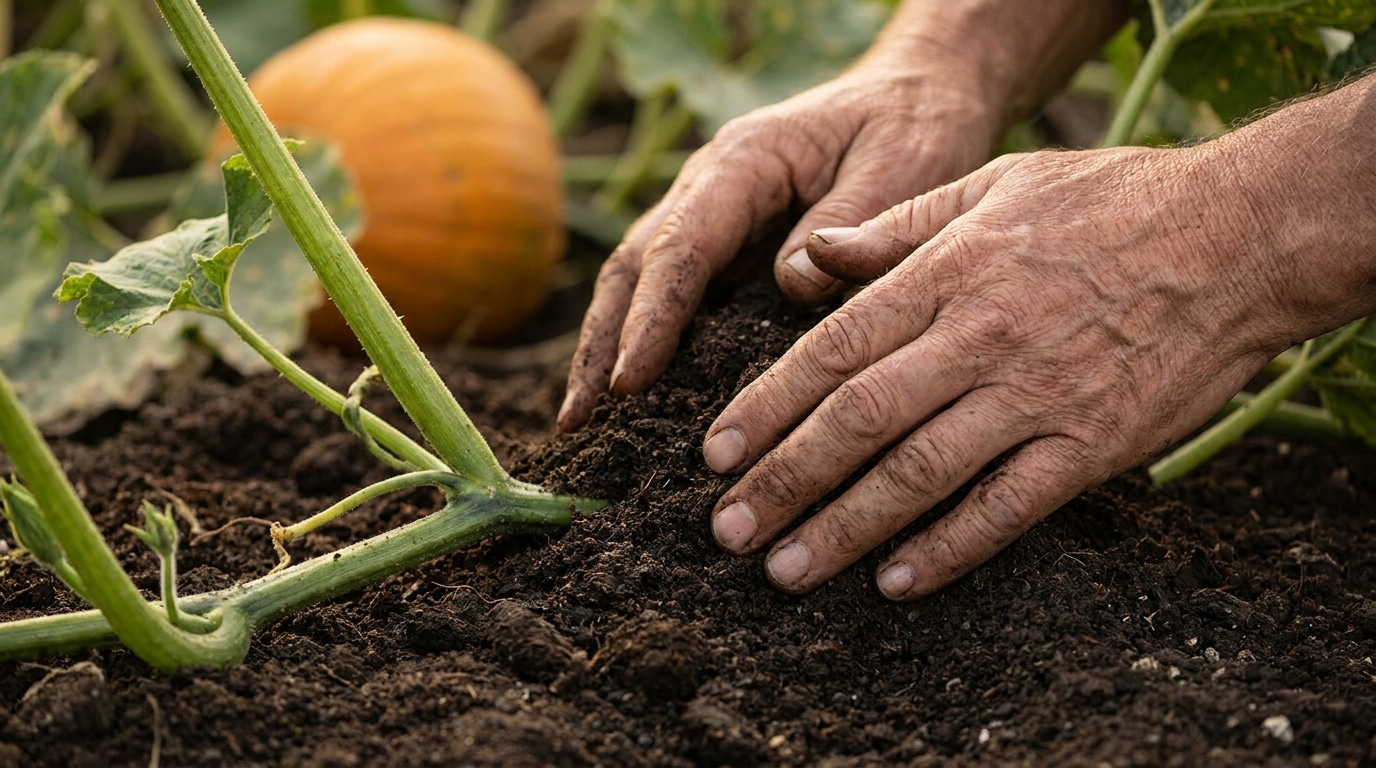 Mains de jardinier recouvrant une tige de potiron de terreau