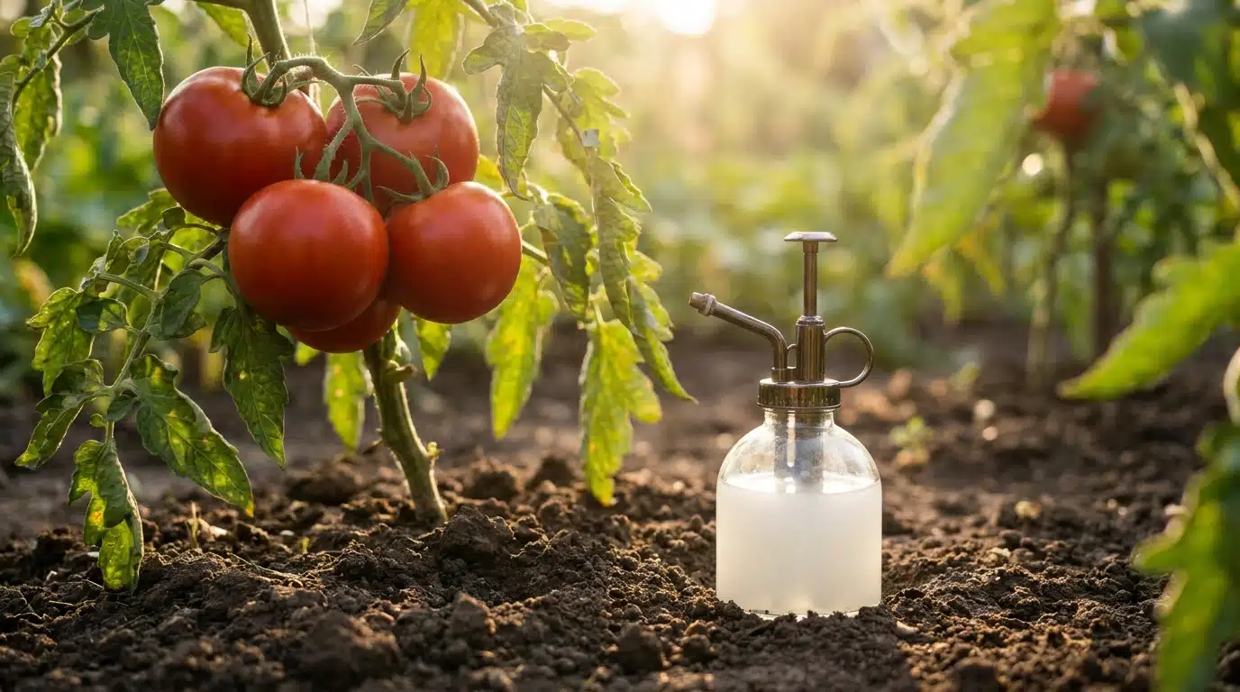 Tomates rouges sur pied avec pulvérisateur de lait dilué