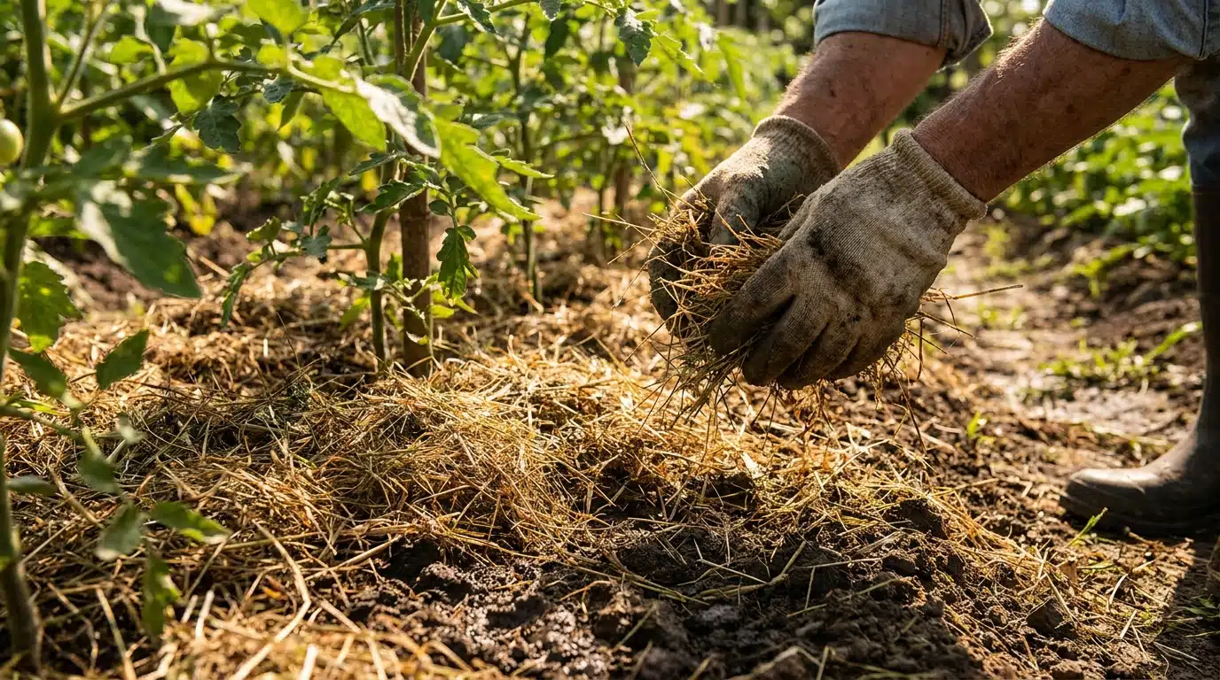 Mains étalant du paillage d'herbe au pied de tomates